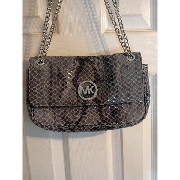 Michael Kors Crossbody Bag Fulton Denim Flap Grey Python Chain Double Handle Exc - Picture 1 of 8